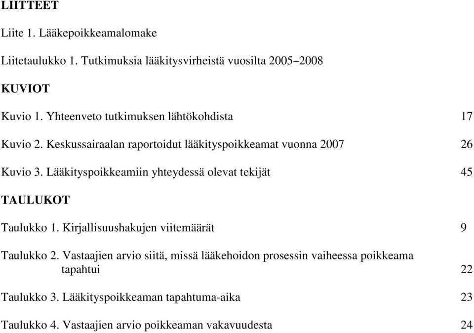 Lääkityspoikkeamiin yhteydessä olevat tekijät 45 TAULUKOT Taulukko 1. Kirjallisuushakujen viitemäärät 9 Taulukko 2.