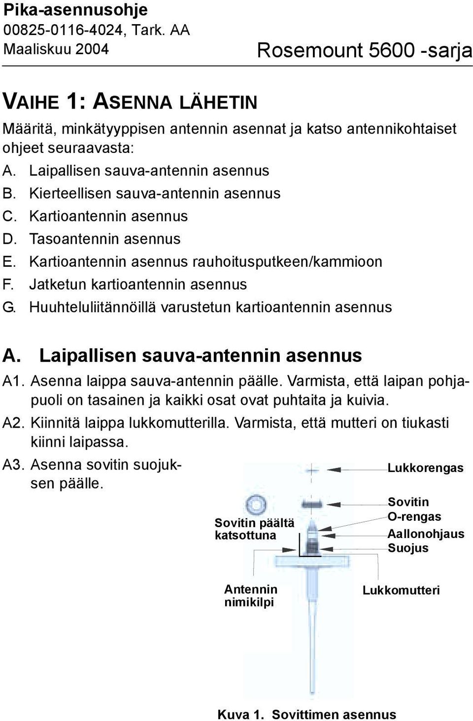 Laipallisen sauva-antennin asennus A. Asenna laippa sauva-antennin päälle. Varmista, että laipan pohjapuoli on tasainen ja kaikki osat ovat puhtaita ja kuivia. A2. Kiinnitä laippa lukkomutterilla.