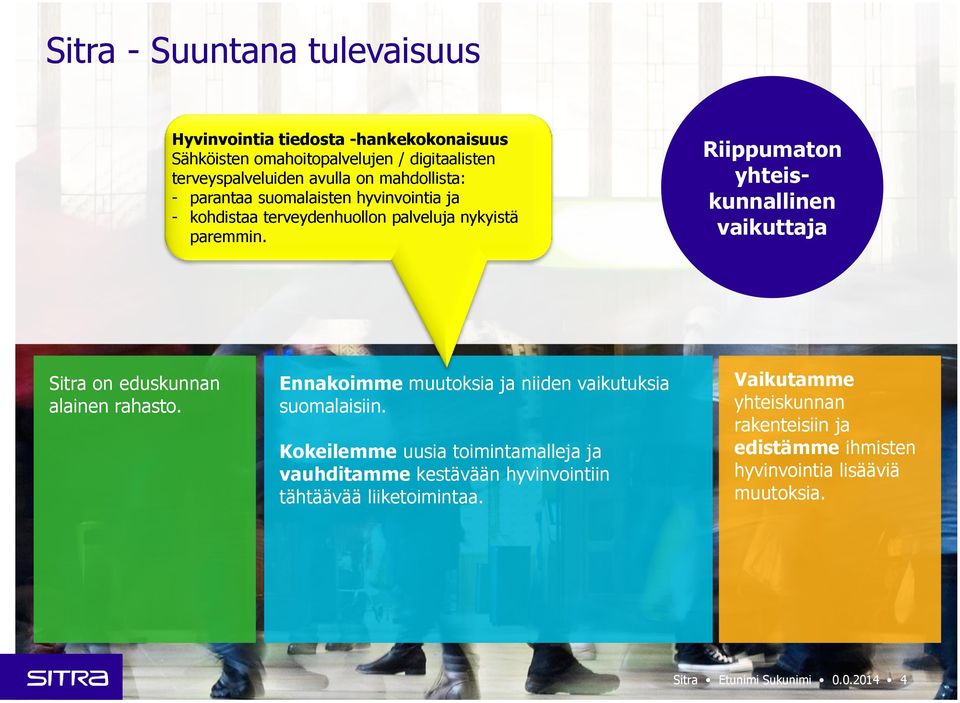 Riippumaton yhteiskunnallinen vaikuttaja Sitra on eduskunnan alainen rahasto. Ennakoimme muutoksia ja niiden vaikutuksia suomalaisiin.
