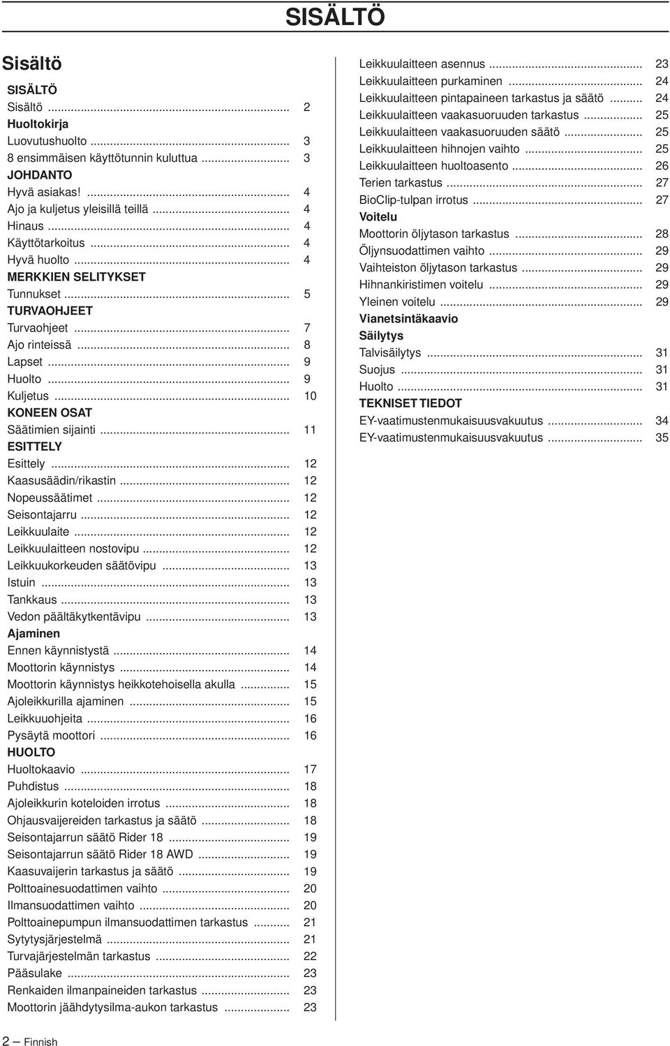 .. 11 ESITTELY Esittely... 12 Kaasusäädin/rikastin... 12 Nopeussäätimet... 12 Seisontajarru... 12 Leikkuulaite... 12 Leikkuulaitteen nostovipu... 12 Leikkuukorkeuden säätövipu... 13 Istuin.