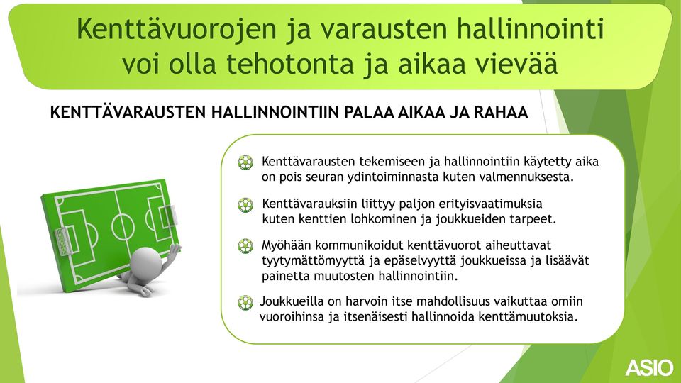 Kenttävarauksiin liittyy paljon erityisvaatimuksia kuten kenttien lohkominen ja joukkueiden tarpeet.