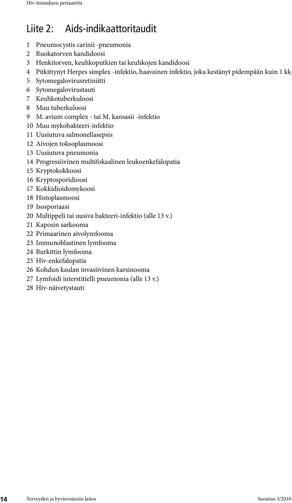 kansasii -infektio 10 Muu mykobakteeri-infektio 11 Uusiutuva salmonellasepsis 12 Aivojen toksoplasmoosi 13 Uusiutuva pneumonia 14 Progressiivinen multifokaalinen leukoenkefalopatia 15 Kryptokokkoosi