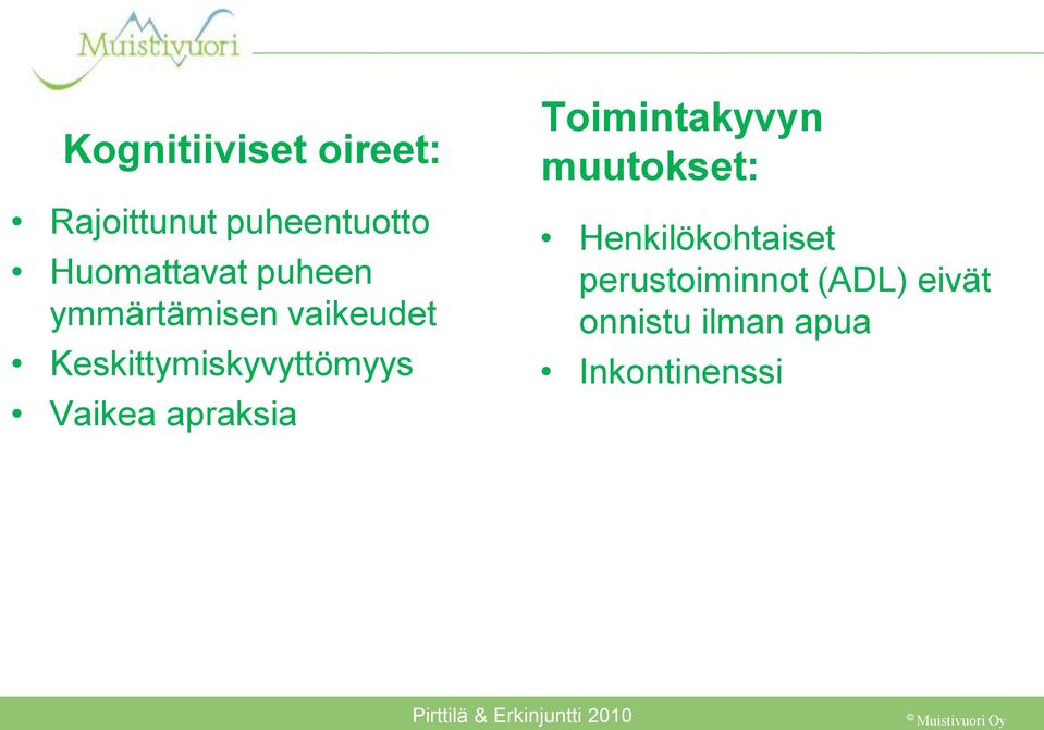 apraksia Toimintakyvyn muutokset: Henkilökohtaiset