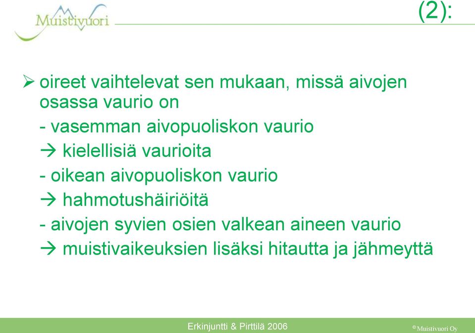 aivopuoliskon vaurio hahmotushäiriöitä - aivojen syvien osien valkean