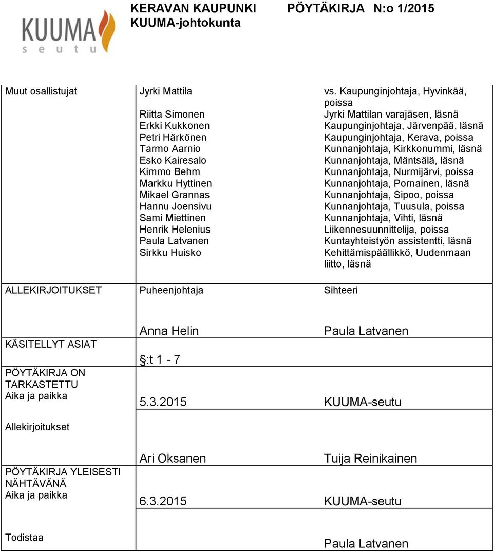 Kaupunginjohtaja, Hyvinkää, poissa Jyrki Mattilan vara Kaupunginjohtaja, Järvenpää, läsnä Kaupunginjohtaja, Kerava, poissa Kunnanjohtaja, Kirkkonummi, läsnä Kunnanjohtaja, Mäntsälä, läsnä