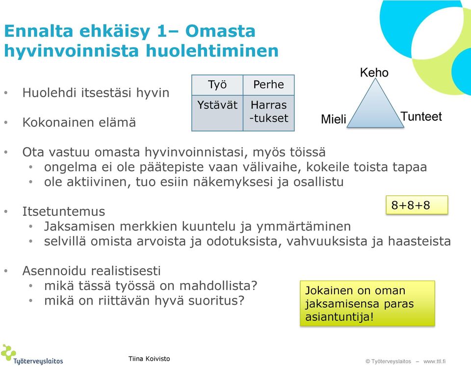 näkemyksesi ja osallistu 8+8+8 Itsetuntemus Jaksamisen merkkien kuuntelu ja ymmärtäminen selvillä omista arvoista ja odotuksista, vahvuuksista ja