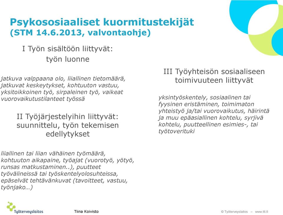 vuorovaikutustilanteet työssä II Työjärjestelyihin liittyvät: suunnittelu, työn tekemisen edellytykset III Työyhteisön sosiaaliseen toimivuuteen liittyvät yksintyöskentely, sosiaalinen tai fyysinen