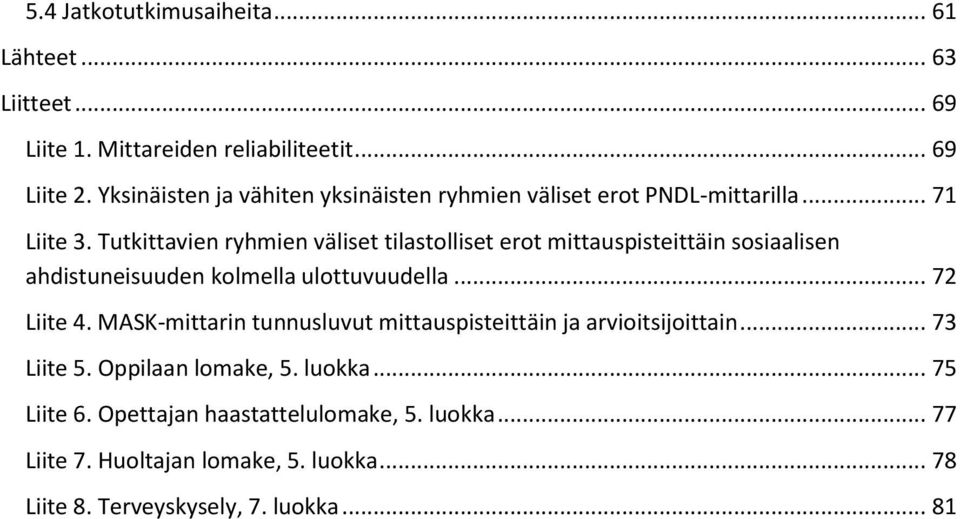 Tutkittavien ryhmien väliset tilastolliset erot mittauspisteittäin sosiaalisen ahdistuneisuuden kolmella ulottuvuudella... 72 Liite 4.