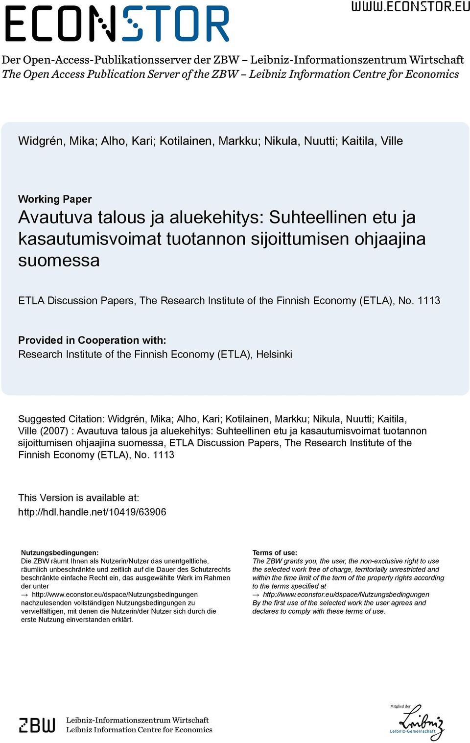 eu Der Open-Access-Publikationsserver der ZBW Leibniz-Informationszentrum Wirtschaft The Open Access Publication Server of the ZBW Leibniz Information Centre for Economics Widgrén, Mika; Alho, Kari;