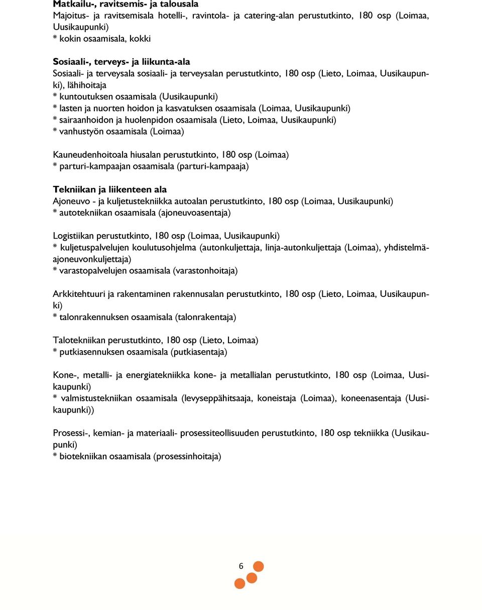 kasvatuksen osaamisala (Loimaa, Uusikaupunki) * sairaanhoidon ja huolenpidon osaamisala (Lieto, Loimaa, Uusikaupunki) * vanhustyön osaamisala (Loimaa) Kauneudenhoitoala hiusalan perustutkinto, 180