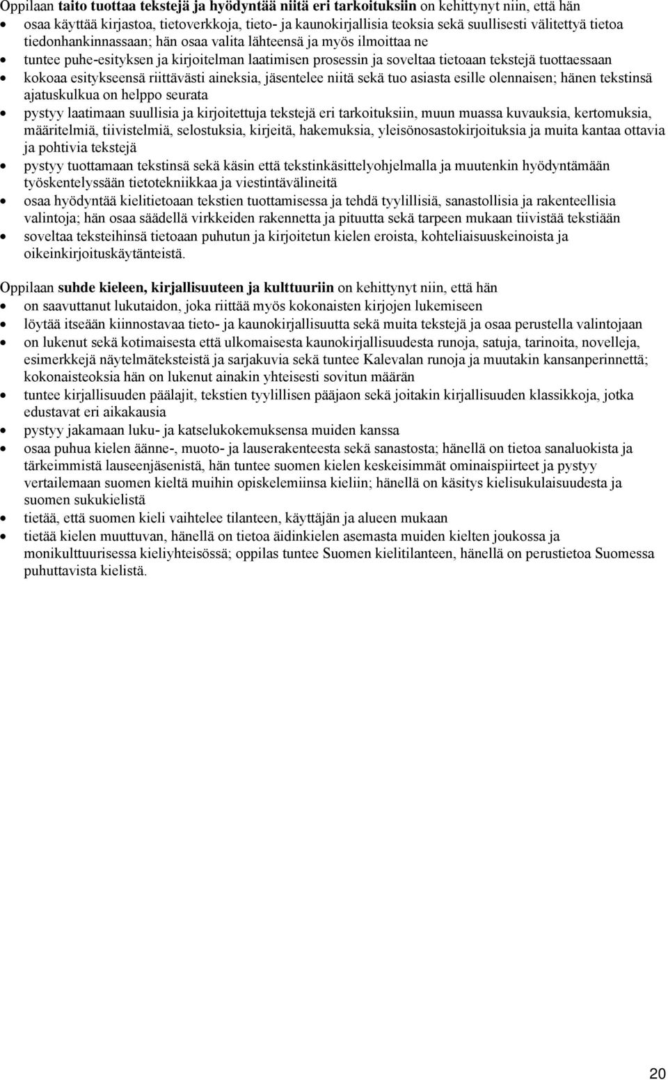 riittävästi aineksia, jäsentelee niitä sekä tuo asiasta esille olennaisen; hänen tekstinsä ajatuskulkua on helppo seurata pystyy laatimaan suullisia ja kirjoitettuja tekstejä eri tarkoituksiin, muun