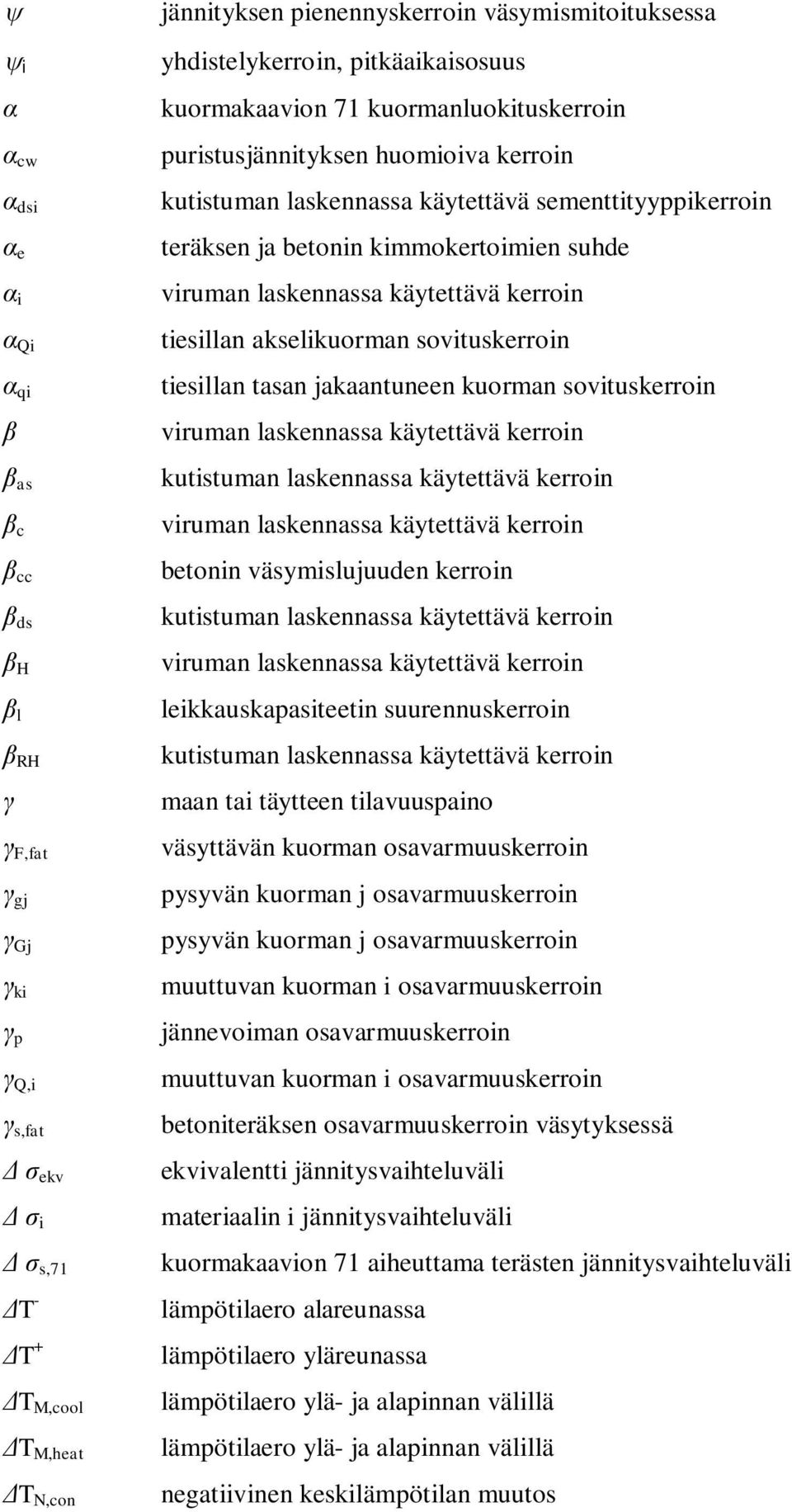 käytettävä kerroin tiesillan akselikuorman sovituskerroin tiesillan tasan jakaantuneen kuorman sovituskerroin viruman laskennassa käytettävä kerroin kutistuman laskennassa käytettävä kerroin viruman