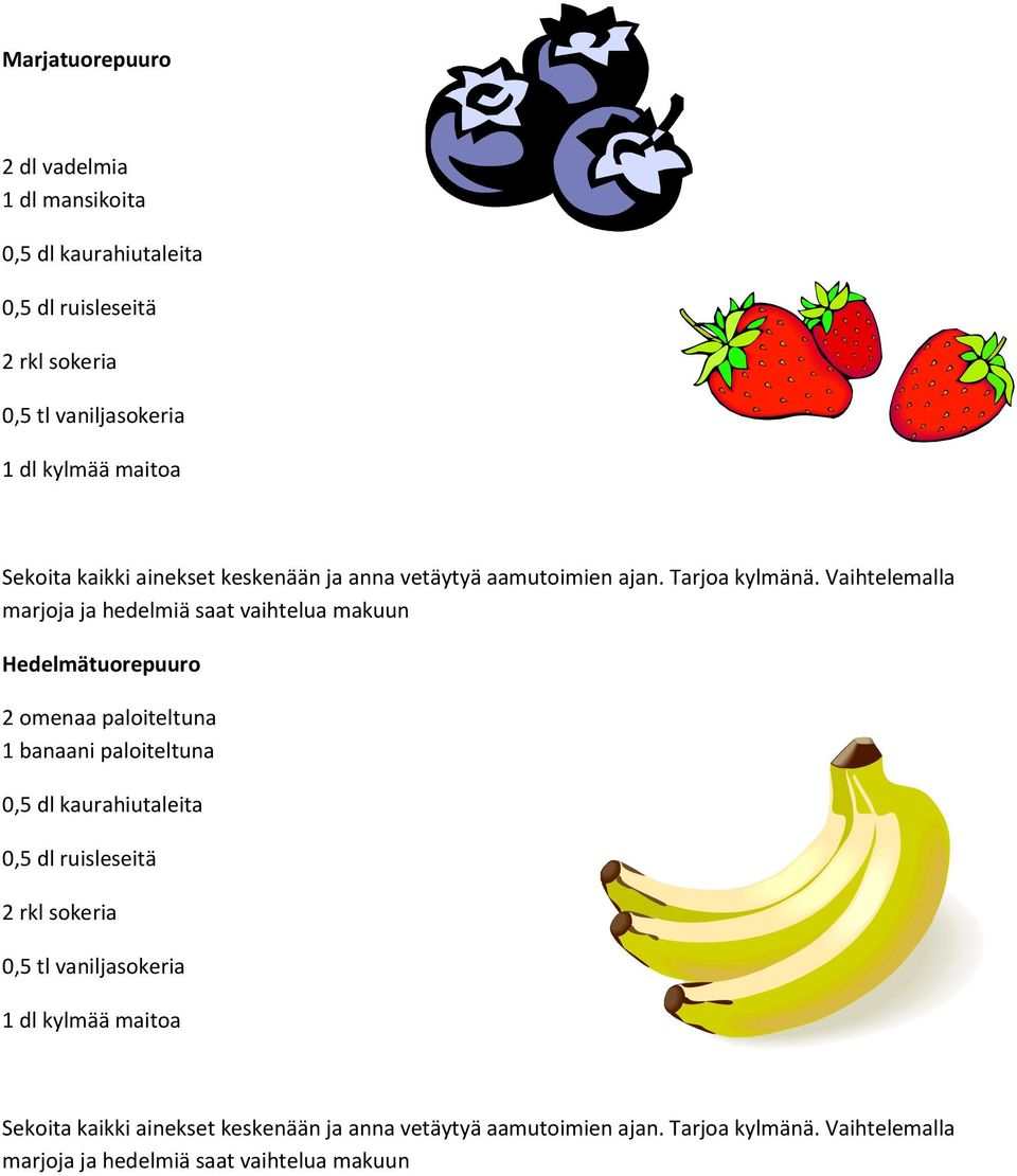 Vaihtelemalla marjoja ja hedelmiä saat vaihtelua makuun Hedelmätuorepuuro 2 omenaa paloiteltuna 1 banaani paloiteltuna 0,5 dl kaurahiutaleita 0,5