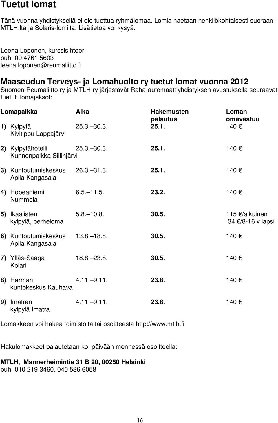 fi Maaseudun Terveys- ja Lomahuolto ry tuetut lomat vuonna 2012 Suomen Reumaliitto ry ja MTLH ry järjestävät Raha-automaattiyhdistyksen avustuksella seuraavat tuetut lomajaksot: Lomapaikka Aika