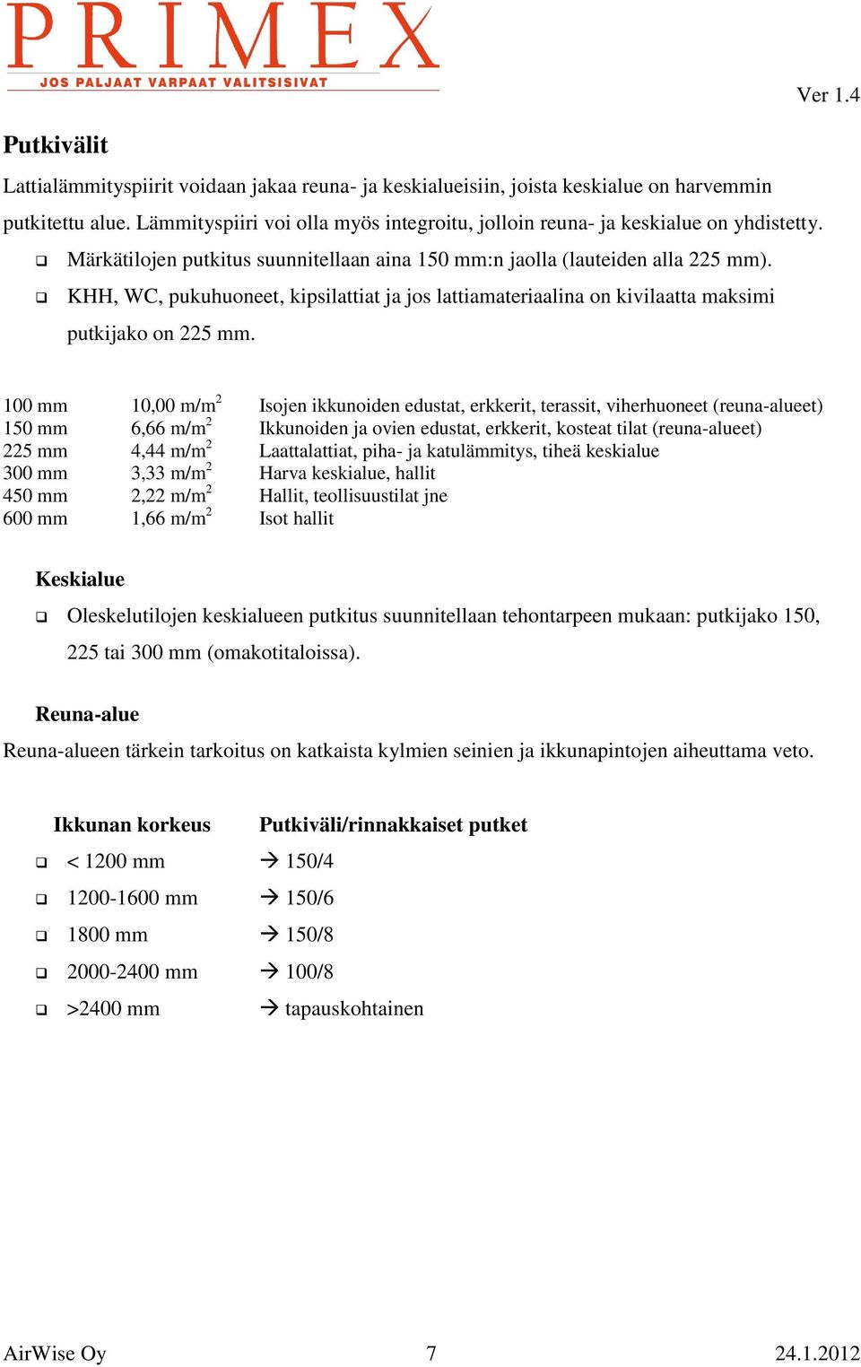 KHH, WC, pukuhuoneet, kipsilattiat ja jos lattiamateriaalina on kivilaatta maksimi putkijako on 225 mm.