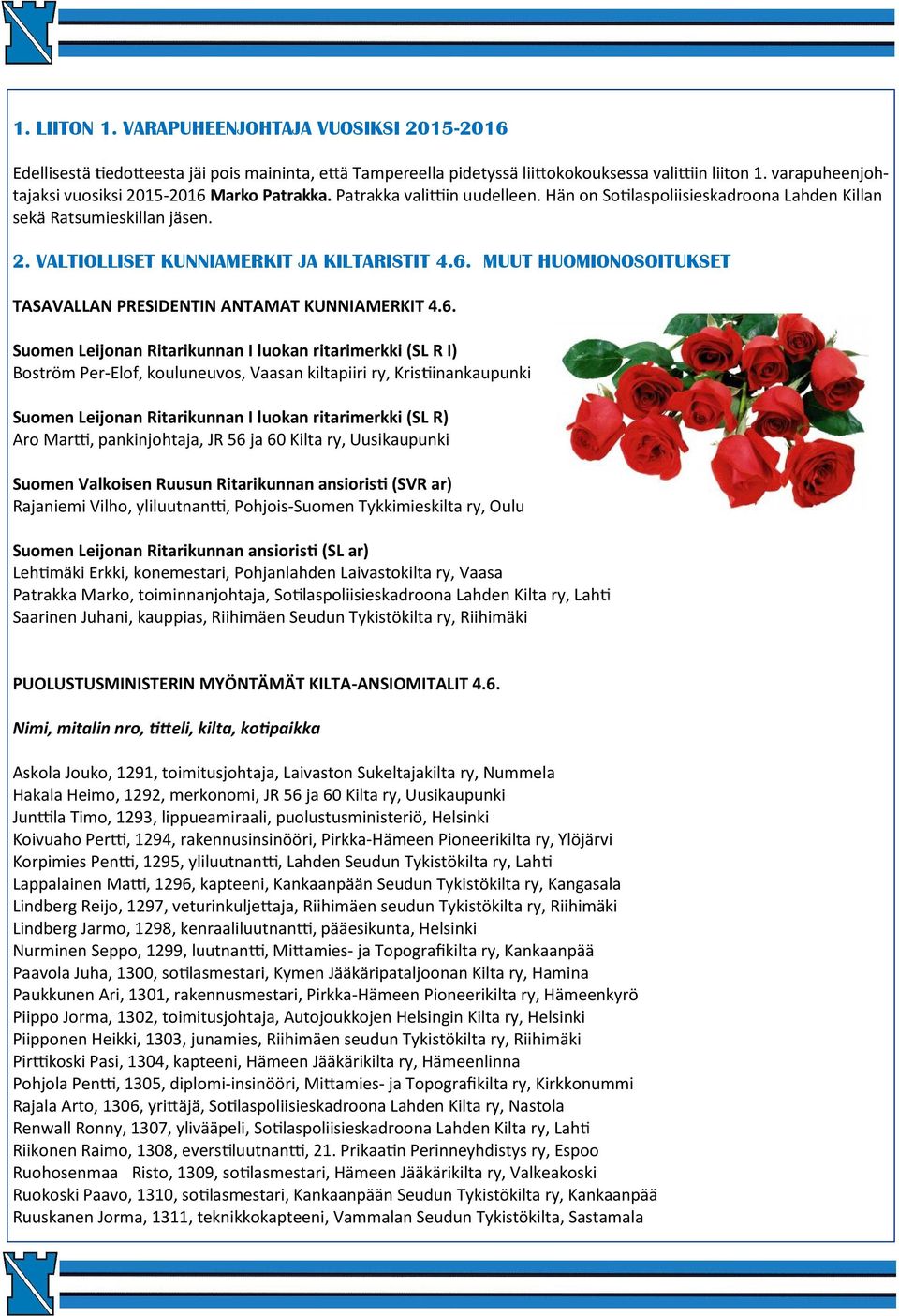 6. MUUT HUOMIONOSOITUKSET TASAVALLAN PRESIDENTIN ANTAMAT KUNNIAMERKIT 4.6. Suomen Leijonan Ritarikunnan I luokan ritarimerkki (SL R I) Boström Per-Elof, kouluneuvos, Vaasan kiltapiiri ry, Kris