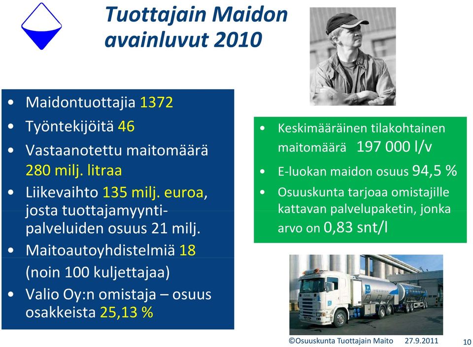 Maitoautoyhdistelmiä 18 (noin 100 kuljettajaa) Valio Oy:n omistaja osuus osakkeista 25,13 % Keskimääräinen tilakohtainen
