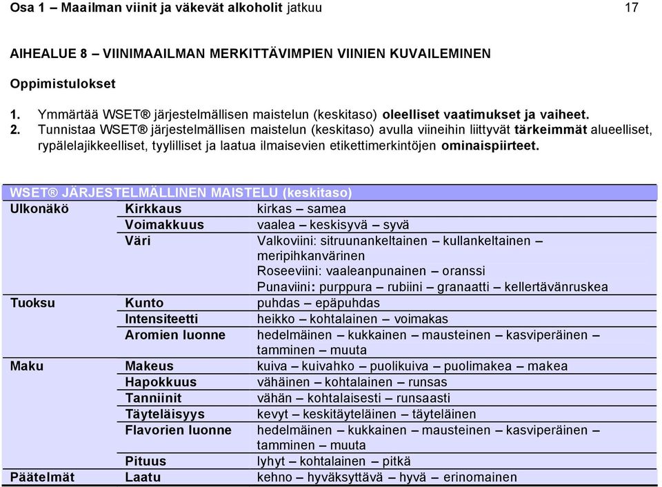 Tunnistaa WSET järjestelmällisen maistelun (keskitaso) avulla viineihin liittyvät tärkeimmät alueelliset, rypälelajikkeelliset, tyylilliset ja laatua ilmaisevien etikettimerkintöjen ominaispiirteet.