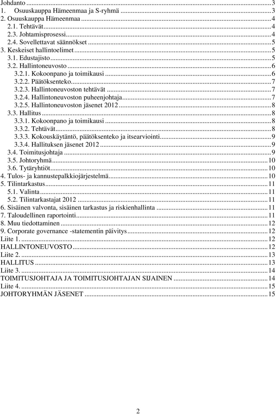 .. 8 3.3. Hallitus... 8 3.3.1. Kokoonpano ja toimikausi... 8 3.3.2. Tehtävät... 8 3.3.3. Kokouskäytäntö, päätöksenteko ja itsearviointi... 9 3.3.4. Hallituksen jäsenet 2012... 9 3.4. Toimitusjohtaja.