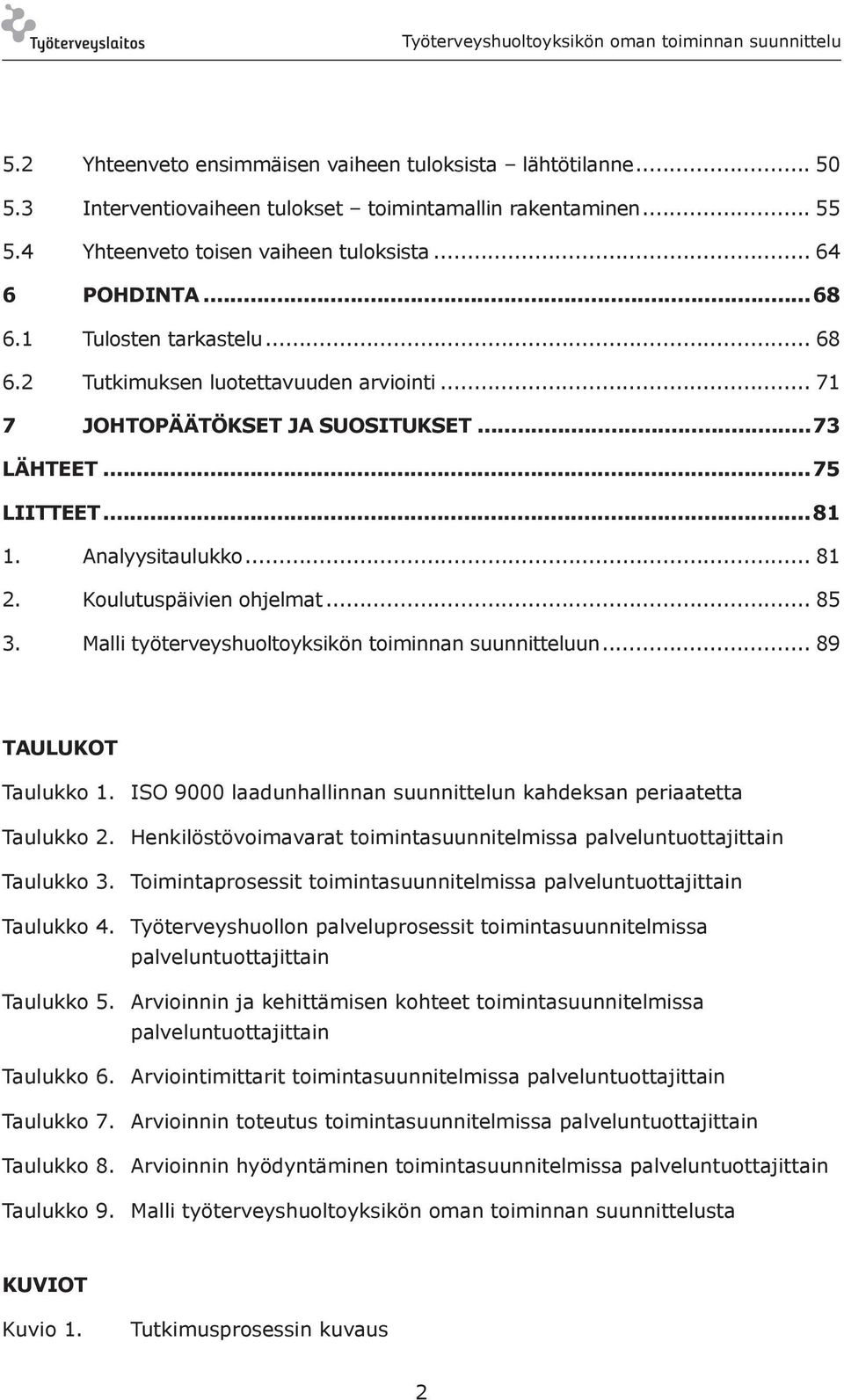 Malli työterveyshuoltoyksikön toiminnan suunnitteluun... 89 Taulukot Taulukko 1. ISO 9000 laadunhallinnan suunnittelun kahdeksan periaatetta Taulukko 2.