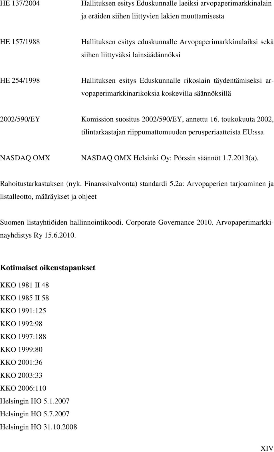 annettu 16. toukokuuta 2002, tilintarkastajan riippumattomuuden perusperiaatteista EU:ssa NASDAQ OMX NASDAQ OMX Helsinki Oy: Pörssin säännöt 1.7.2013(a). Rahoitustarkastuksen (nyk.