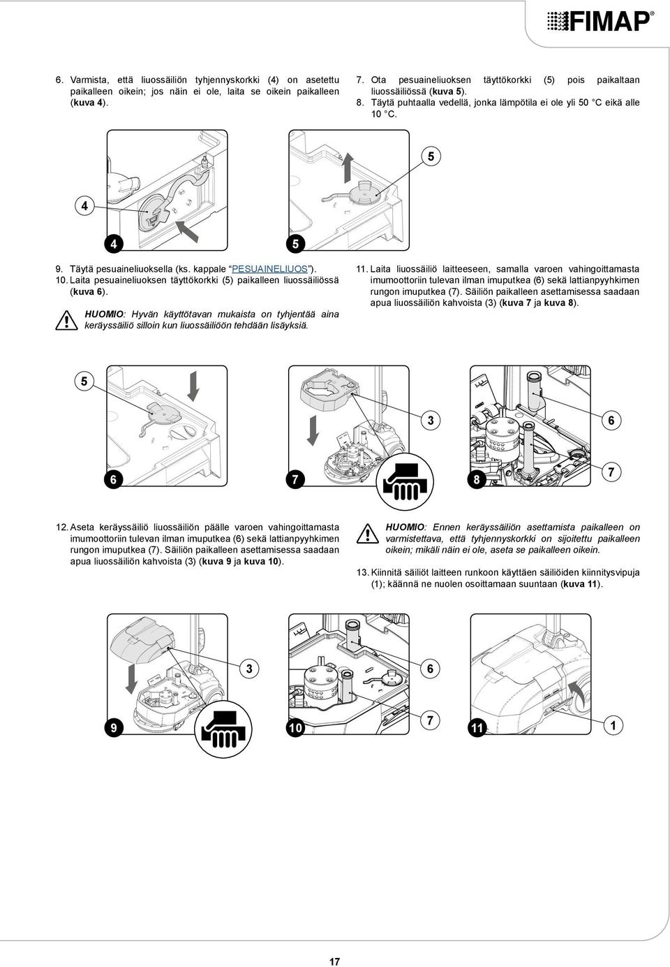 kappale PESUAINELIUOS ). 0. Laita pesuaineliuoksen täyttökorkki (5) paikalleen liuossäiliössä (kuva 6).