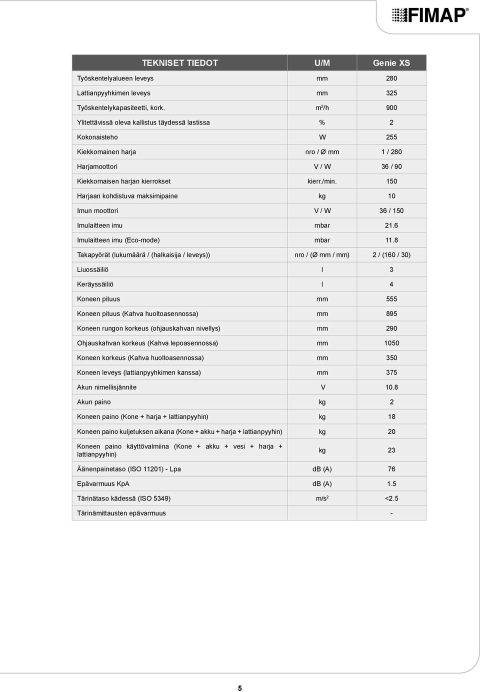 50 Harjaan kohdistuva maksimipaine kg 0 Imun moottori V / W 6 / 50 Imulaitteen imu mbar.6 Imulaitteen imu (Eco-mode) mbar.