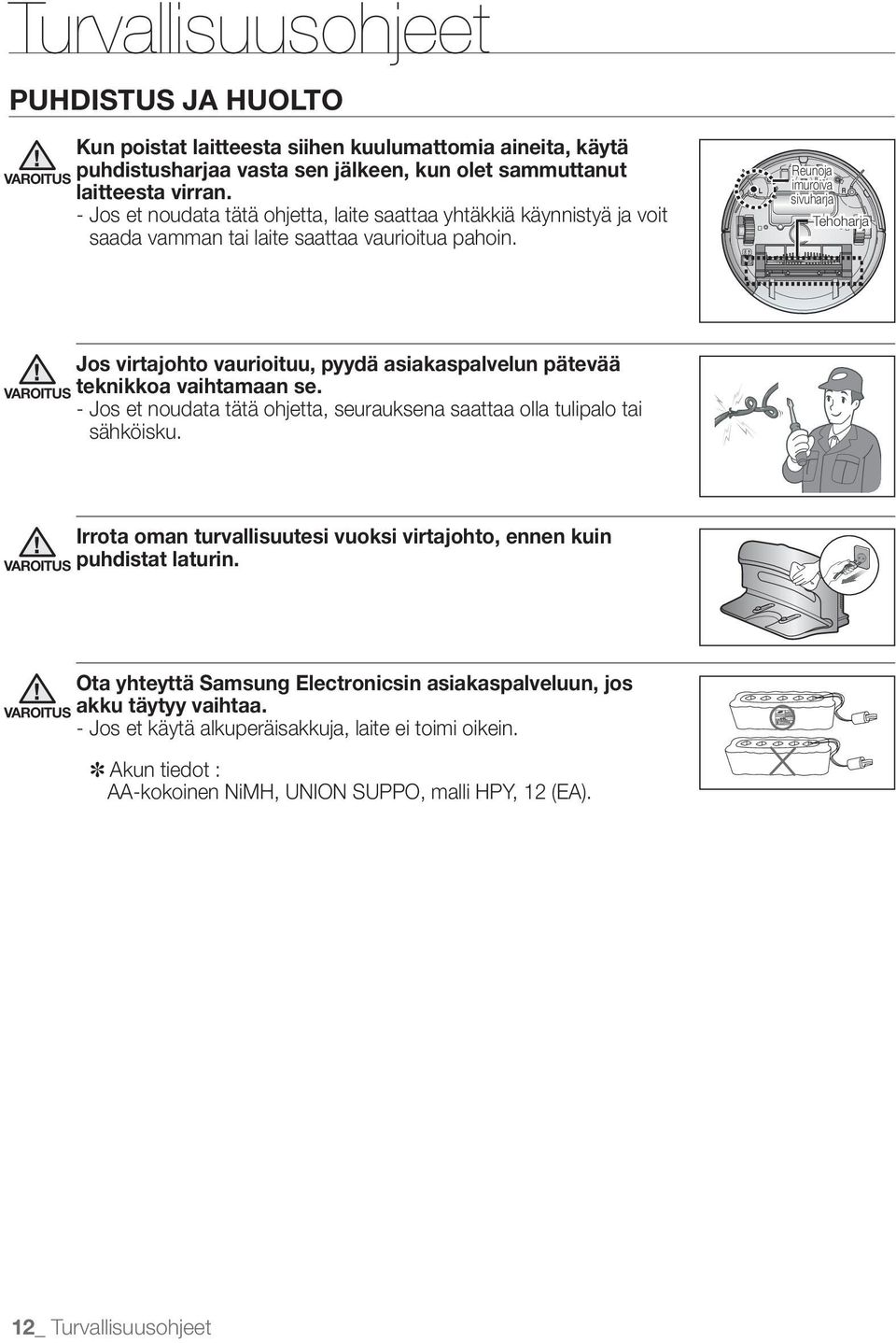 Reunoja imuroiva sivuharja Tehoharja VAROITUS Jos virtajohto vaurioituu, pyydä asiakaspalvelun pätevää teknikkoa vaihtamaan se.