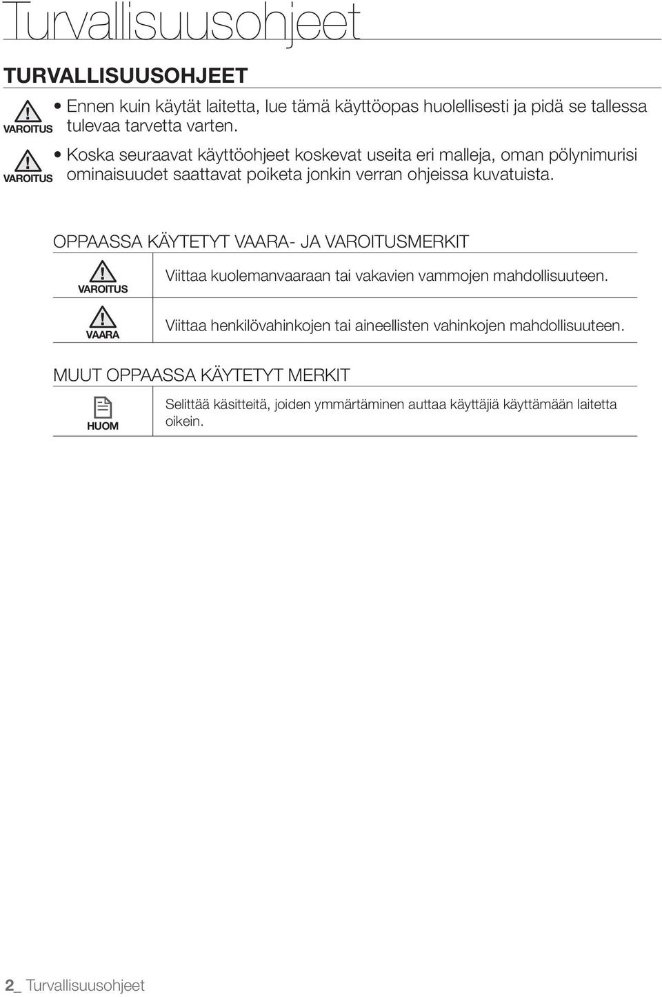 OPPAASSA KÄYTETYT - JA VAROITUSMERKIT VAROITUS Viittaa kuolemanvaaraan tai vakavien vammojen mahdollisuuteen.