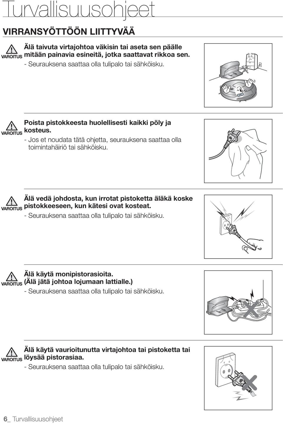 - Jos et noudata tätä ohjetta, seurauksena saattaa olla toimintahäiriö tai sähköisku. VAROITUS Älä vedä johdosta, kun irrotat pistoketta äläkä koske pistokkeeseen, kun kätesi ovat kosteat.