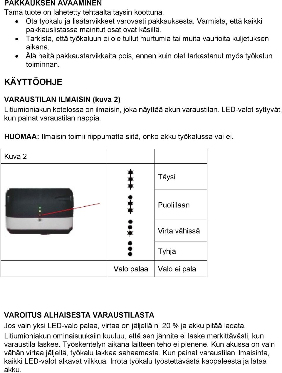 KÄYTTÖOHJE VARAUSTILAN ILMAISIN (kuva 2) Litiumioniakun kotelossa on ilmaisin, joka näyttää akun varaustilan. LED-valot syttyvät, kun painat varaustilan nappia.