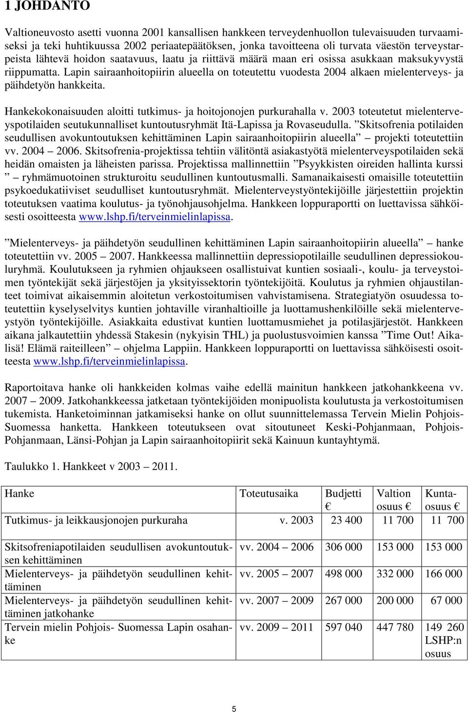 Lapin sairaanhoitopiirin alueella on toteutettu vuodesta 2004 alkaen mielenterveys- ja päihdetyön hankkeita. Hankekokonaisuuden aloitti tutkimus- ja hoitojonojen purkurahalla v.