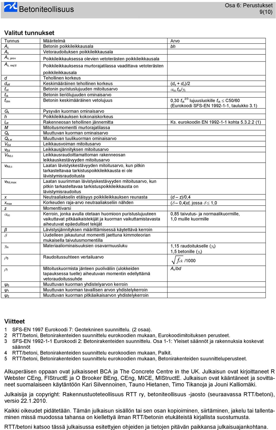 f ck Betonin lieriölujuuden ominisrvo f ctm Betonin keskimääräinen vetolujuus 0,30 f 2/3 ck lujuusluokille f ck C50/60 (Eurokoodi SFS-EN 1992-1-1, tulukko 3.