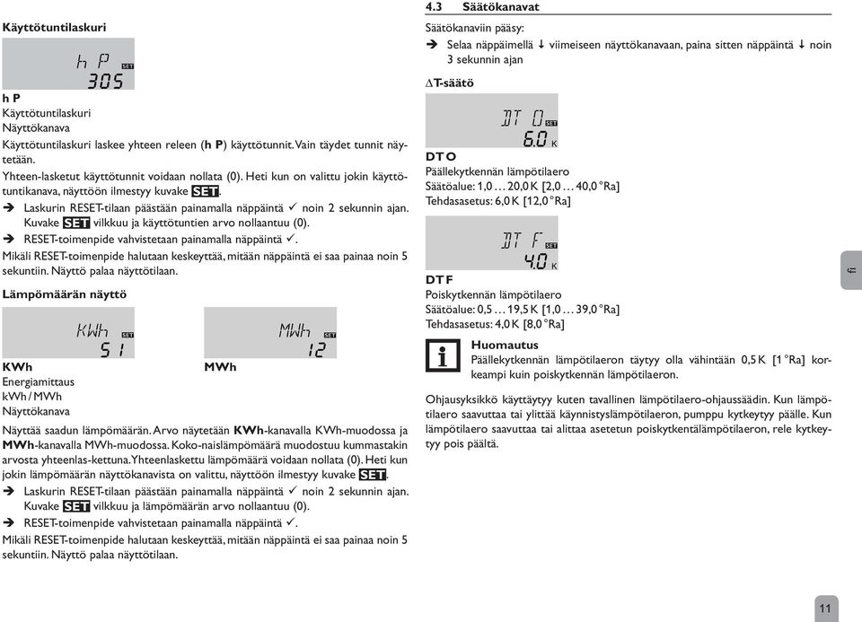 Kuvake S vilkkuu ja käyttötuntien arvo nollaantuu (0). RESET-toimenpide vahvistetaan painamalla näppäintä. Mikäli RESET-toimenpide halutaan keskeyttää, mitään näppäintä ei saa painaa noin 5 sekuntiin.