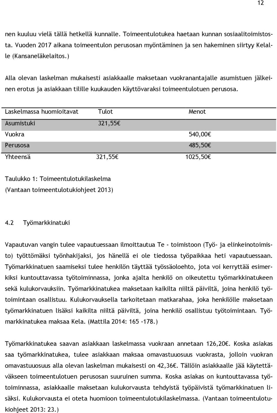 ) Alla olevan laskelman mukaisesti asiakkaalle maksetaan vuokranantajalle asumistuen jälkeinen erotus ja asiakkaan tilille kuukauden käyttövaraksi toimeentulotuen perusosa.