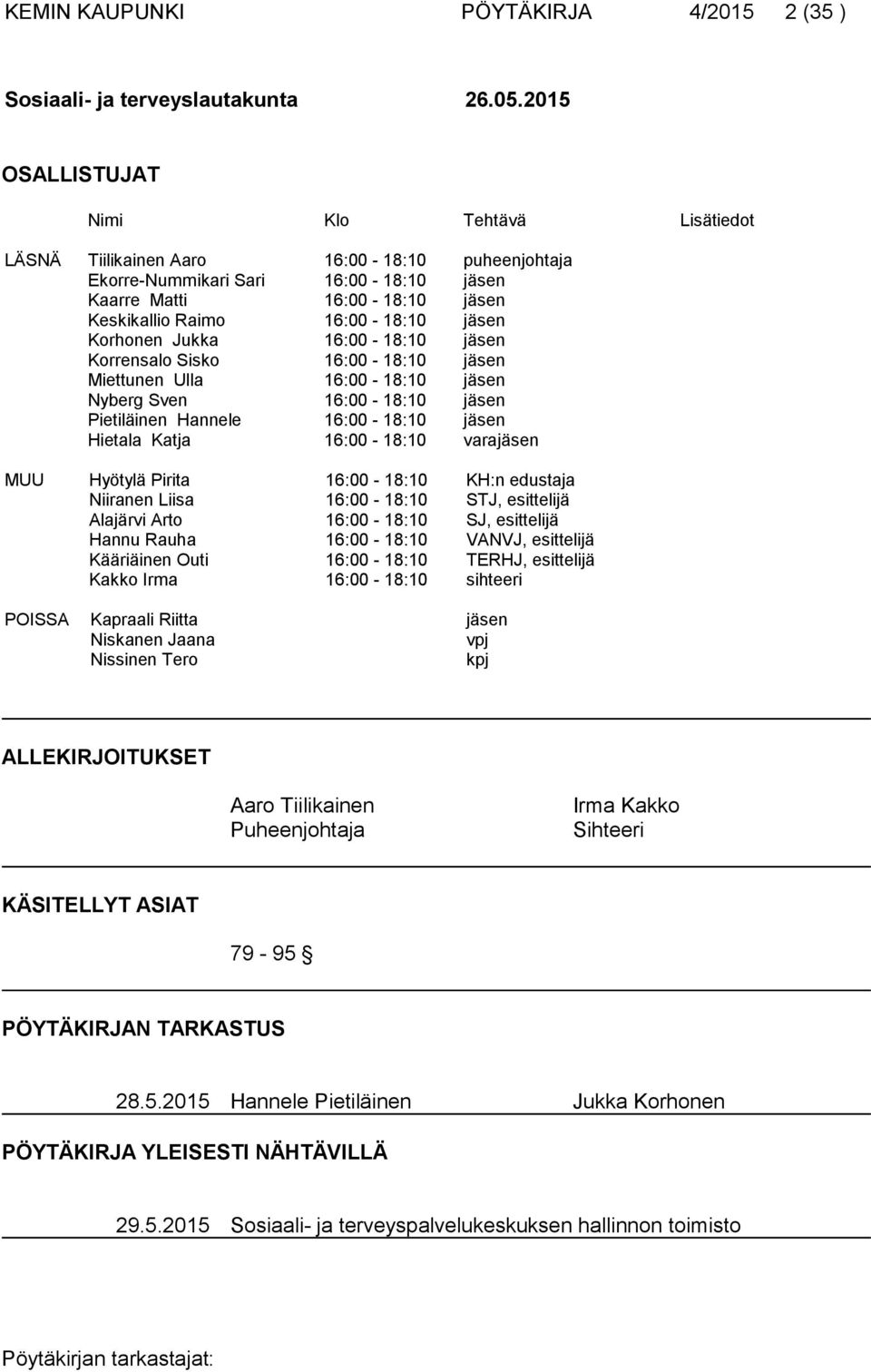 jäsen Korhonen Jukka 16:00-18:10 jäsen Korrensalo Sisko 16:00-18:10 jäsen Miettunen Ulla 16:00-18:10 jäsen Nyberg Sven 16:00-18:10 jäsen Pietiläinen Hannele 16:00-18:10 jäsen Hietala Katja