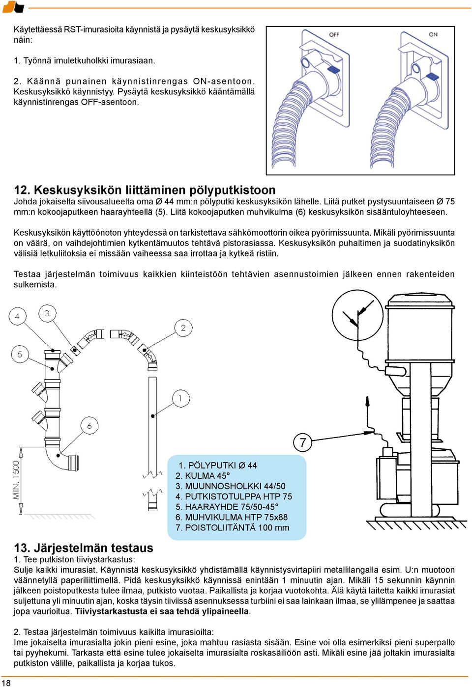 Liitä putket pystysuuntaiseen Ø 75 mm:n kokoojaputkeen haarayhteellä (5). Liitä kokoojaputken muhvikulma (6) keskusyksikön sisääntuloyhteeseen.