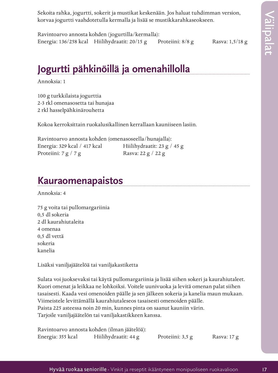 turkkilaista jogurttia 2-3 rkl omenasosetta tai hunajaa 2 rkl hasselpähkinärouhetta Kokoa kerroksittain ruokalusikallinen kerrallaan kauniiseen lasiin.