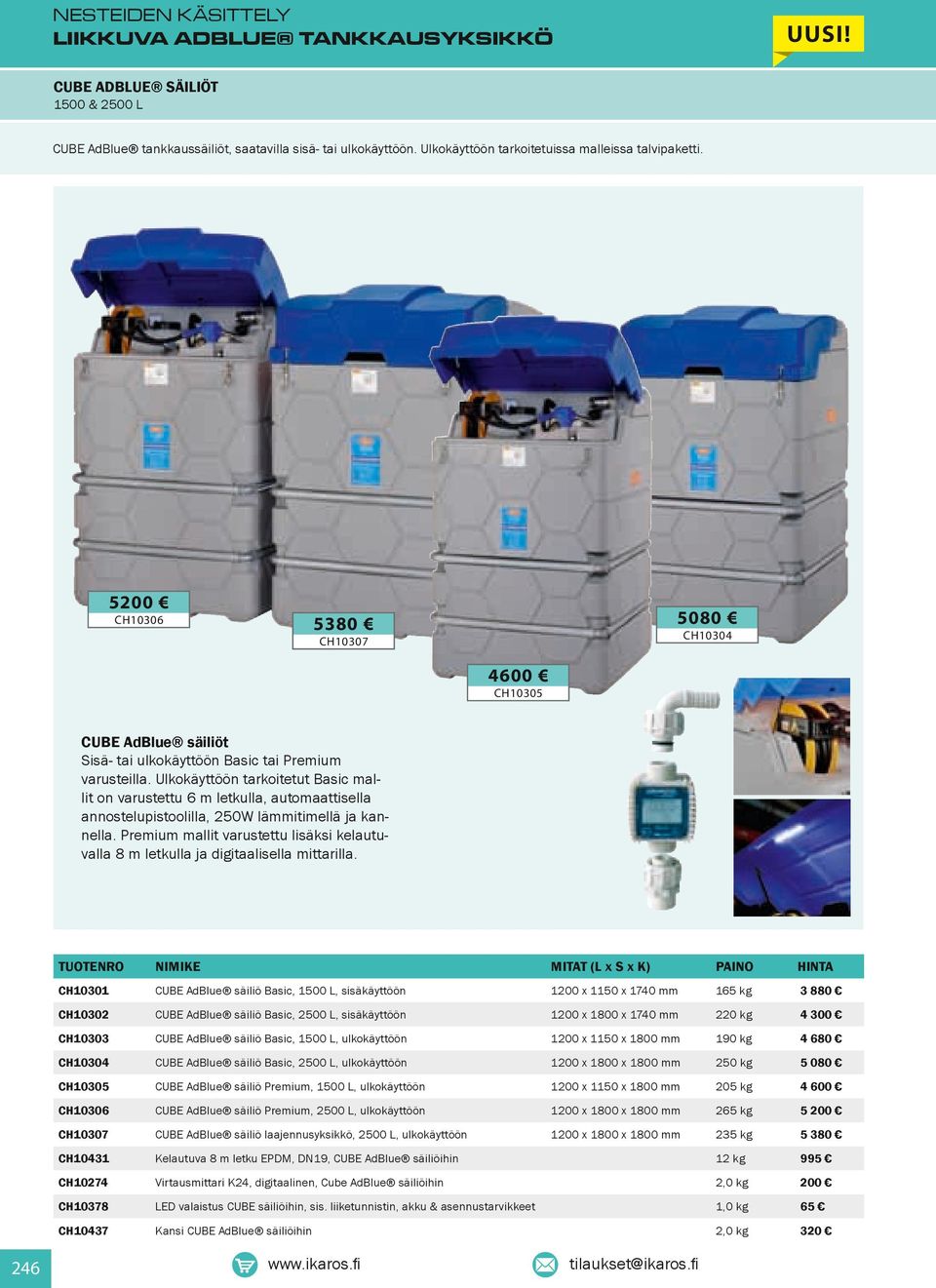 Ulkokäyttöön tarkoitetut Basic mallit on varustettu 6 m letkulla, automaattisella annostelupistoolilla, 250W lämmitimellä ja kannella.
