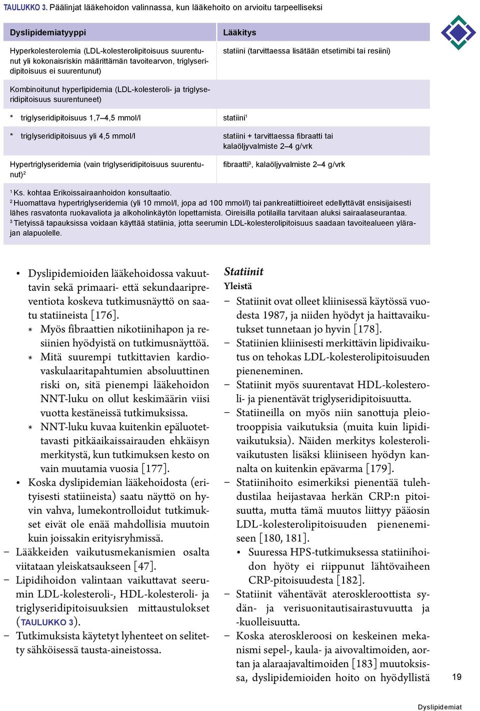 triglyseridipitoisuus ei suurentunut) Lääkitys statiini (tarvittaessa lisätään etsetimibi tai resiini) Kombinoitunut hyperlipidemia (LDL-kolesteroli- ja triglyseridipitoisuus suurentuneet) *