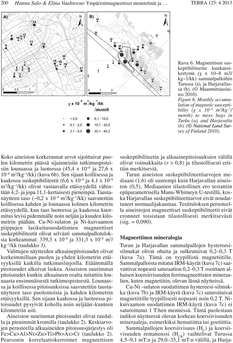 Monthly accumulation of magnetic susceptibility (χ x 10 8 m 3 /kg 1 / month) to moss bags in Turku (a), and Harjavalta (b). ( National Land Survey of Finland 2010).