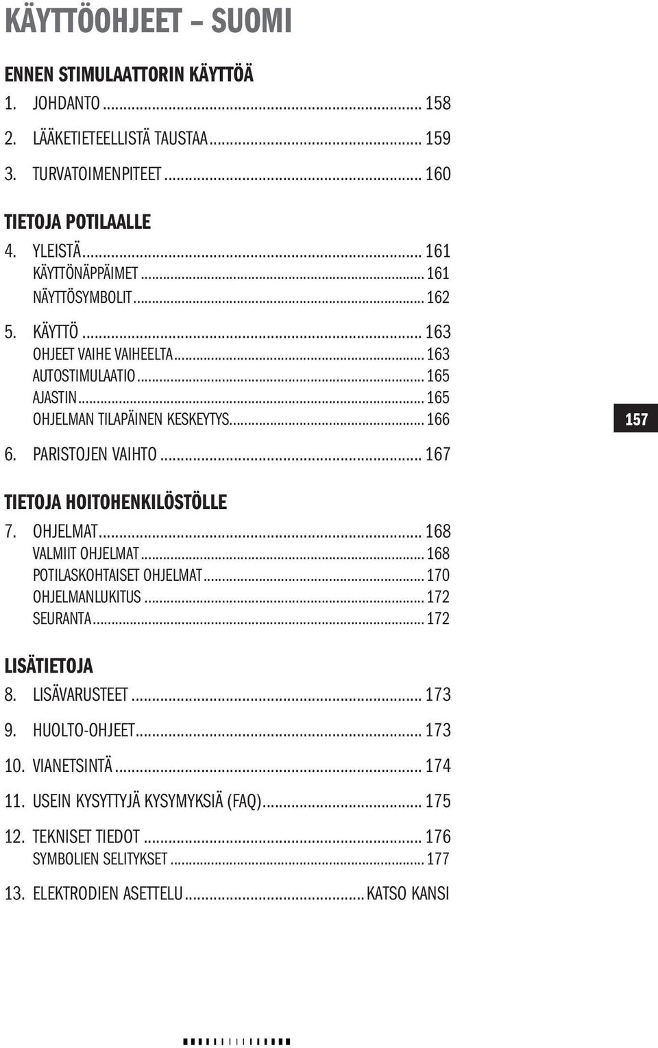 ARITOJEN VAIHTO... 167 157157 TIETOJA HOITOHENKILÖTÖLLE 7. OHJELMAT... 168 VALMIIT OHJELMAT...168 OTILAKOHTAIET OHJELMAT...170 OHJELMANLUKITU...172 EURANTA.