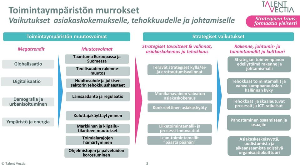 erottautumisvalinnat Rakenne, johtamis- ja toimintamallit ja kulttuuri Strategian toimeenpanon edellyttämä rakenne ja johtamismalli Digitalisaatio Demografia ja urbanisoituminen Huoltosuhde ja