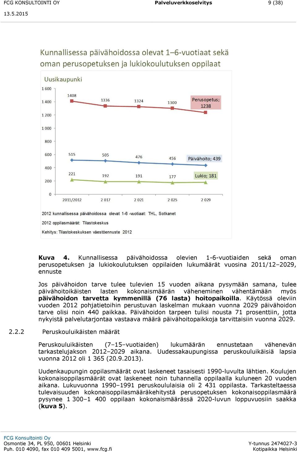 aikana pysymään samana, tulee päivähoitoikäisten lasten kokonaismäärän väheneminen vähentämään myös päivähoidon tarvetta kymmenillä (76 lasta) hoitopaikoilla.