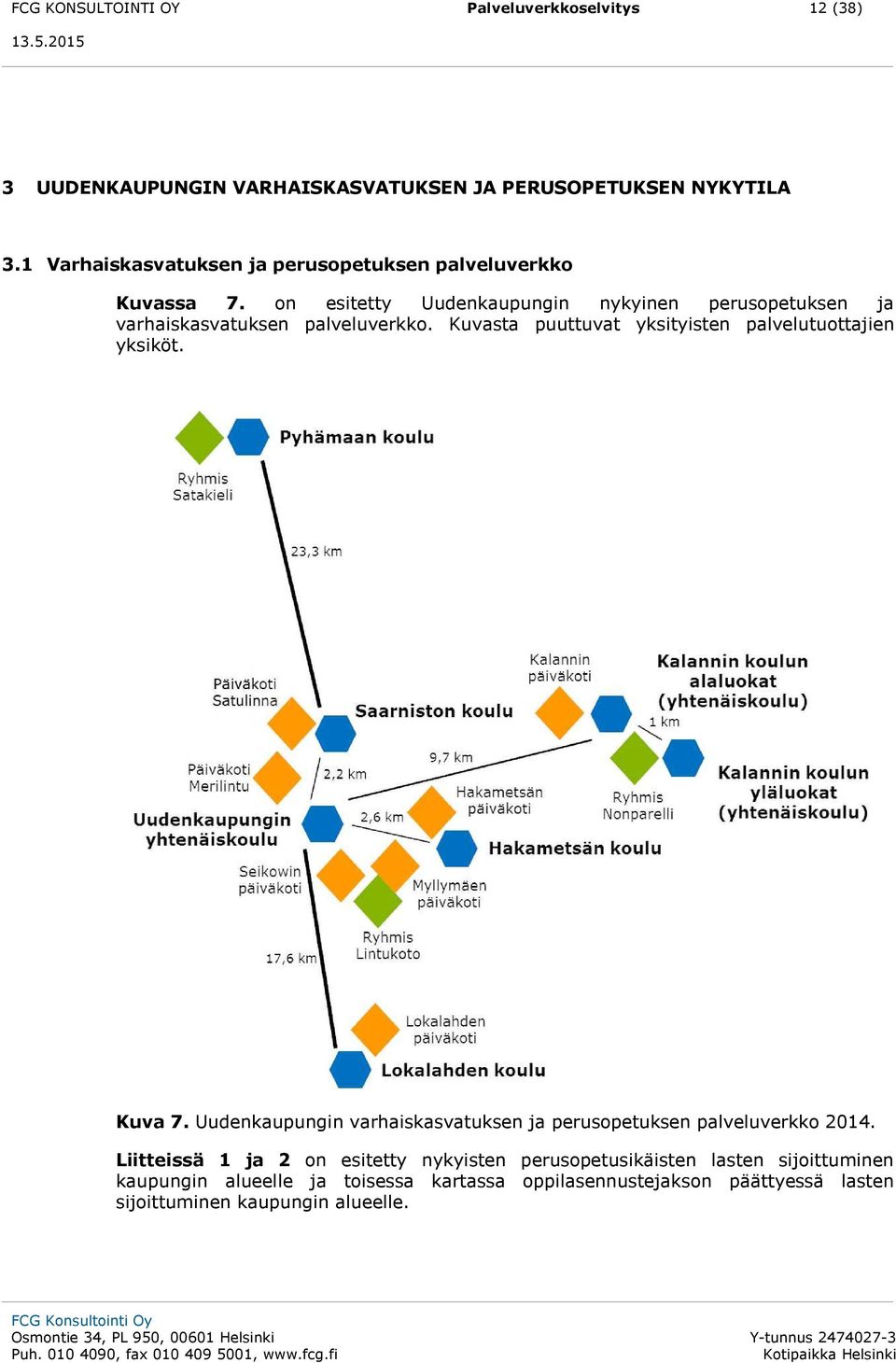 on esitetty Uudenkaupungin nykyinen perusopetuksen ja varhaiskasvatuksen palveluverkko. Kuvasta puuttuvat yksityisten palvelutuottajien yksiköt.