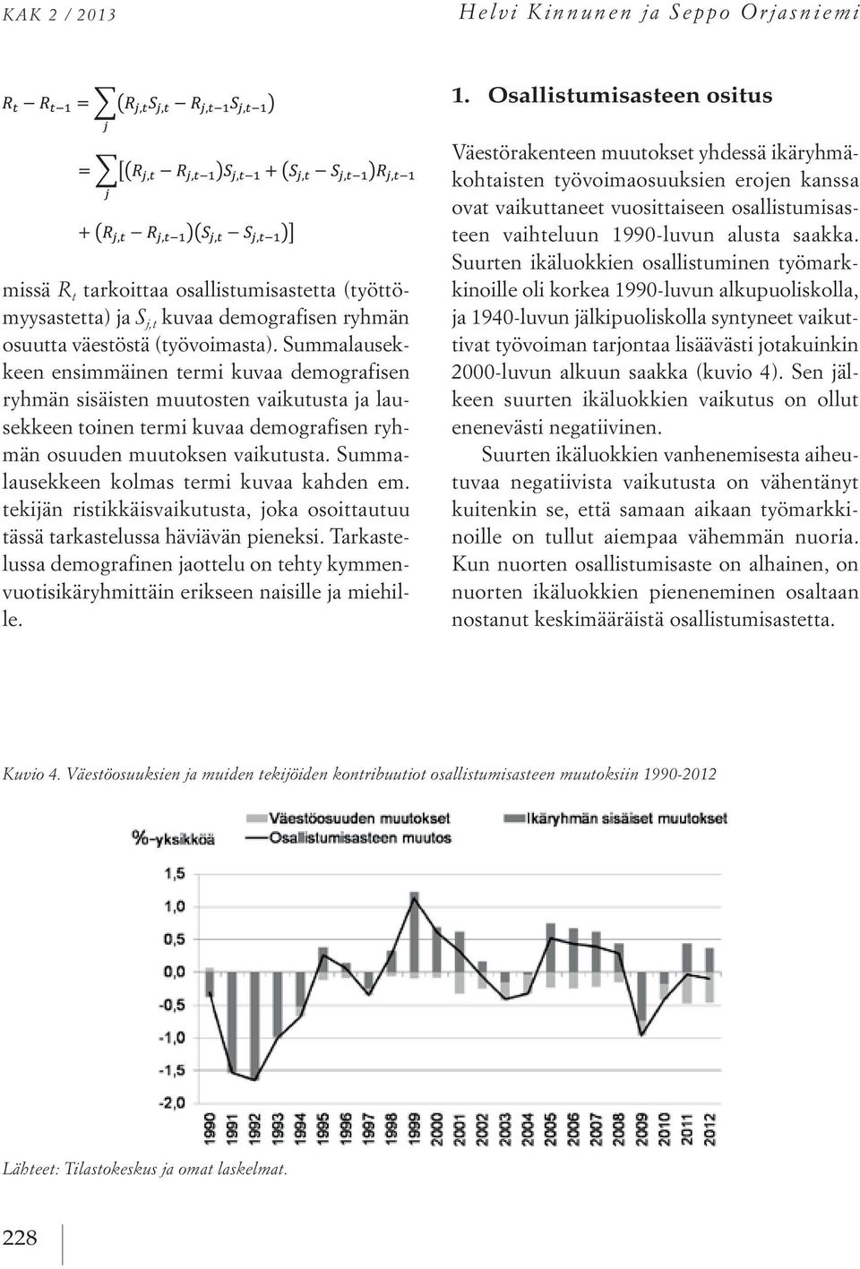 Summalausekkeen ensimmäinen termi kuvaa demografisen ryhmän sisäisten muutosten vaikutusta ja lausekkeen toinen termi kuvaa demografisen ryhmän osuuden muutoksen vaikutusta.