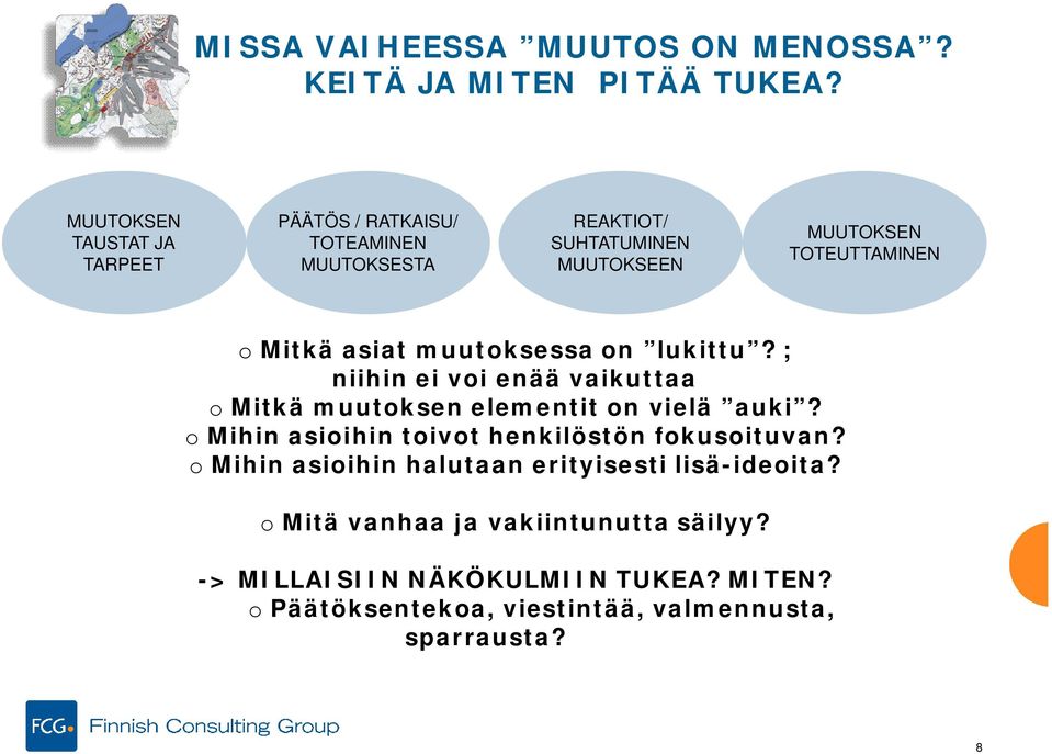 Mitkä asiat muutoksessa on lukittu? ; niihin ei voi enää vaikuttaa o Mitkä muutoksen elementit on vielä auki?