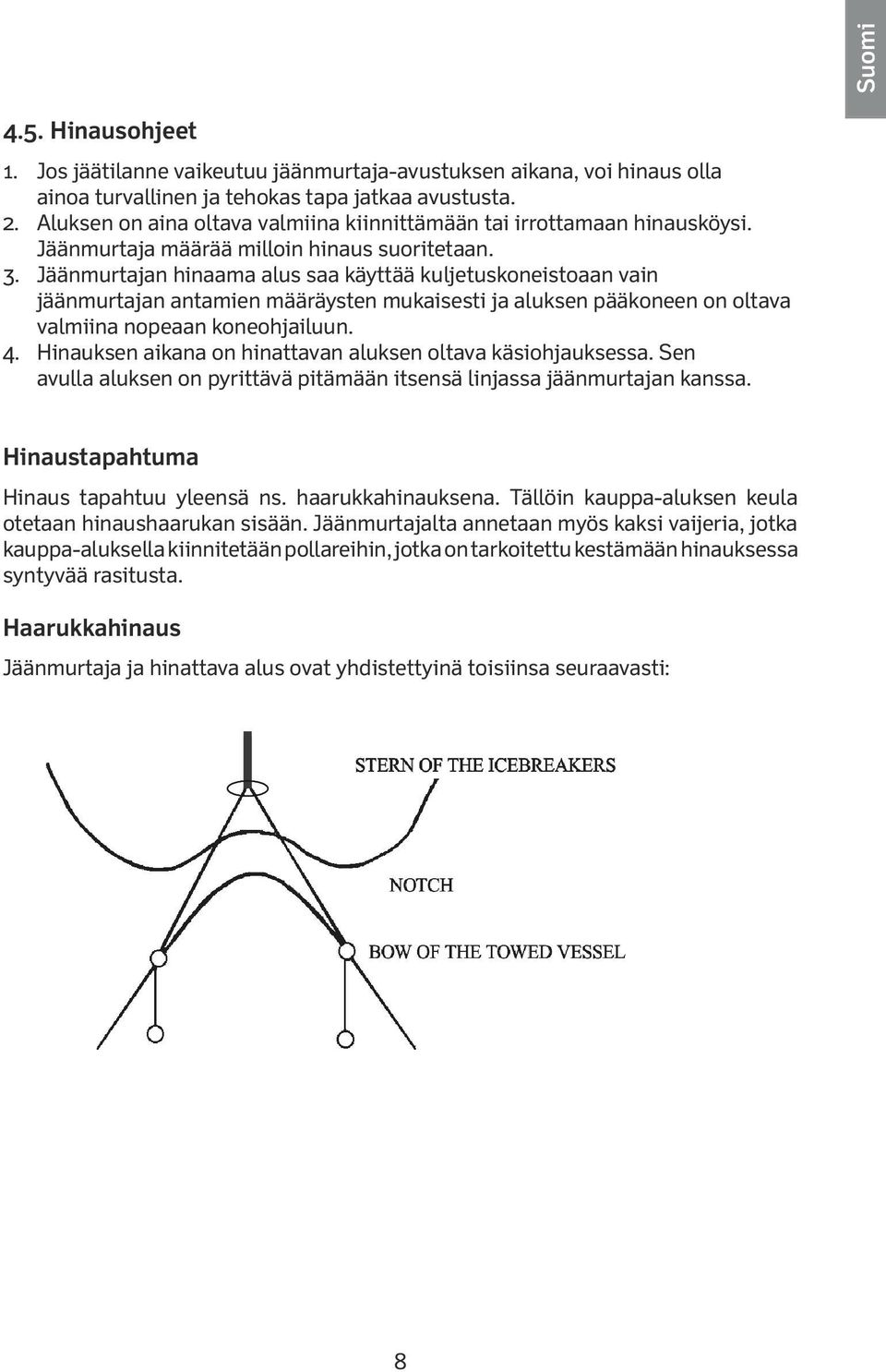 Jäänmurtajan hinaama alus saa käyttää kuljetuskoneistoaan vain jäänmurtajan antamien määräysten mukaisesti ja aluksen pääkoneen on oltava valmiina nopeaan koneohjailuun. 4.