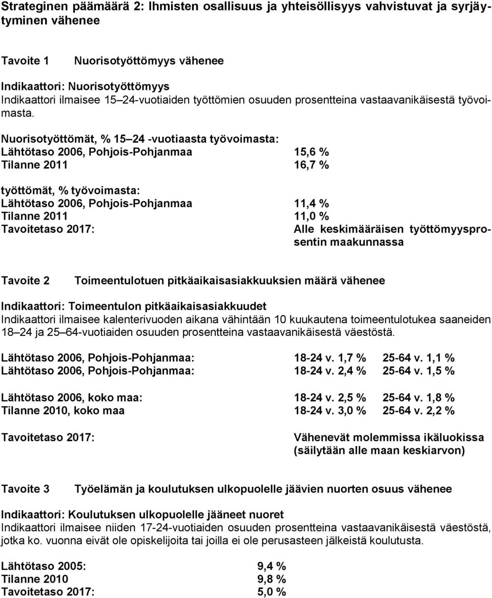 Nuorisotyöttömät, % 15 24 -vuotiaasta työvoimasta: Lähtötaso 2006, Pohjois-Pohjanmaa 15,6 % Tilanne 2011 16,7 % työttömät, % työvoimasta: Lähtötaso 2006, Pohjois-Pohjanmaa 11,4 % Tilanne 2011 11,0 %