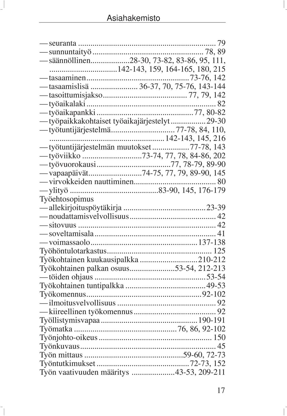 ..142-143, 145, 216 työtuntijärjestelmän muutokset...77-78, 143 työviikko...73-74, 77, 78, 84-86, 202 työvuorokausi...77, 78-79, 89-90 vapaapäivät...74-75, 77, 79, 89-90, 145 virvokkeiden nauttiminen.